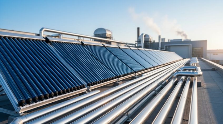 Industrial rooftop with rows of blue evacuated-tube solar thermal collectors and insulated stainless-steel pipes leading into a manufacturing plant in clear morning light