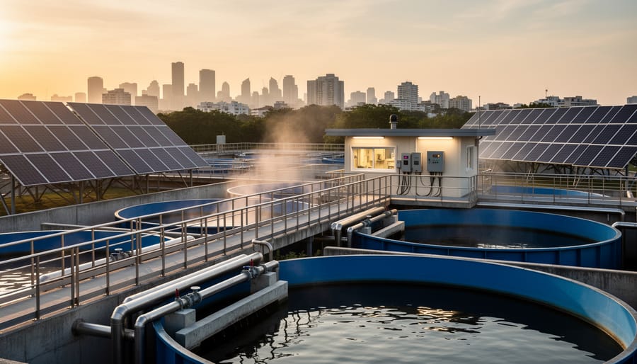 Aerial view of wastewater treatment facility with extensive solar panel installation
