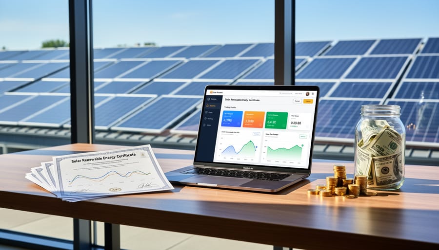 Business professional reviewing renewable energy certificate documentation at office desk