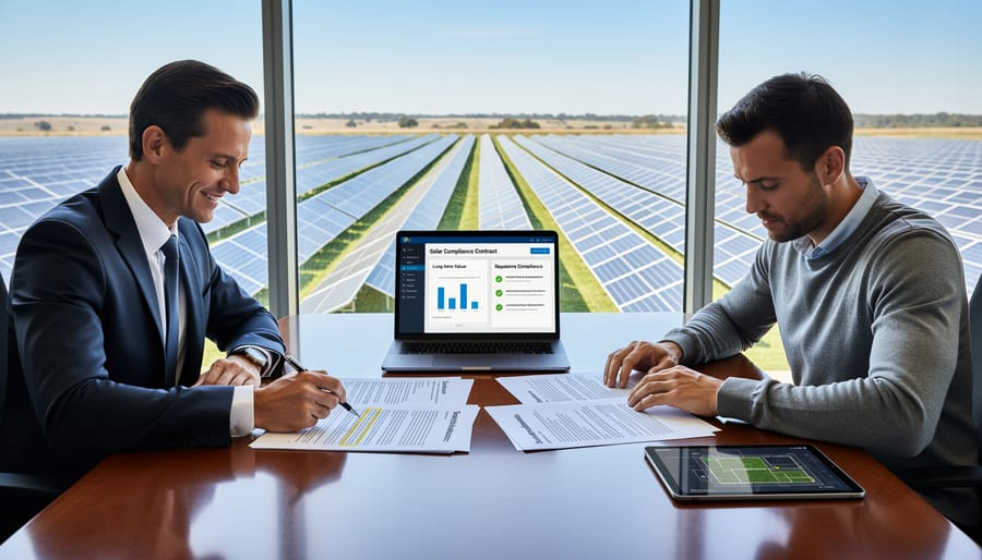 Commercial building with compliant solar panel installation against blue sky