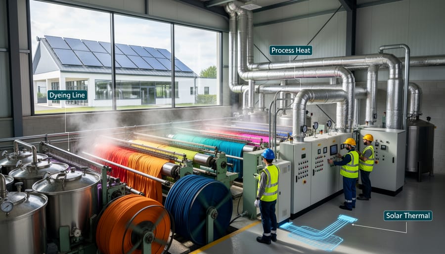 Industrial textile dyeing vats processing colorful fabrics in manufacturing facility