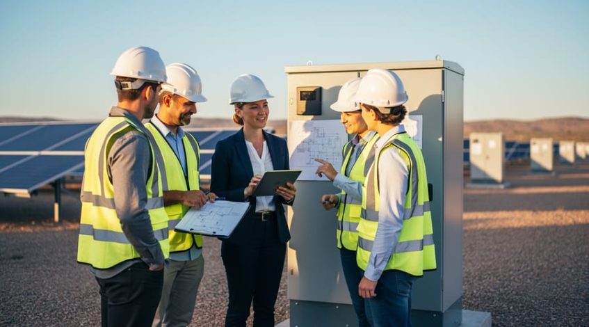 Consultant in business-casual guiding diverse solar technicians in PPE beside inverter equipment at a solar farm during golden hour, with rows of panels softly blurred in the background