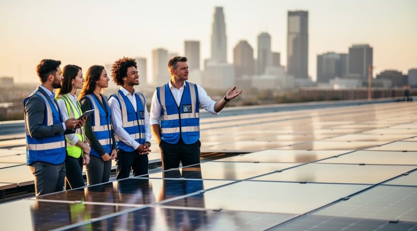 Diverse group of young business professionals and a facility manager reviewing a rooftop solar array with a tablet at golden hour, city skyline softly blurred in the background.