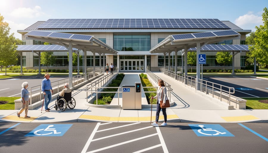 Aerial view of accessible community solar installation on government building with visible maintenance pathways