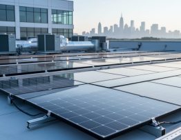 Low-angle wide shot of high-efficiency bifacial solar panels on a flat commercial rooftop at golden hour, with HVAC units and a softly blurred city skyline in the background.