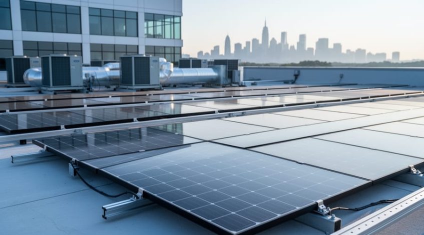 Low-angle wide shot of high-efficiency bifacial solar panels on a flat commercial rooftop at golden hour, with HVAC units and a softly blurred city skyline in the background.
