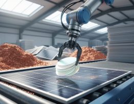 Robotic arm lifting high-purity silicon wafers from a dismantled solar panel on a conveyor in a modern recycling facility, with blurred bins of recovered aluminum frames, copper granules, and stacks of end-of-life panels in the background.