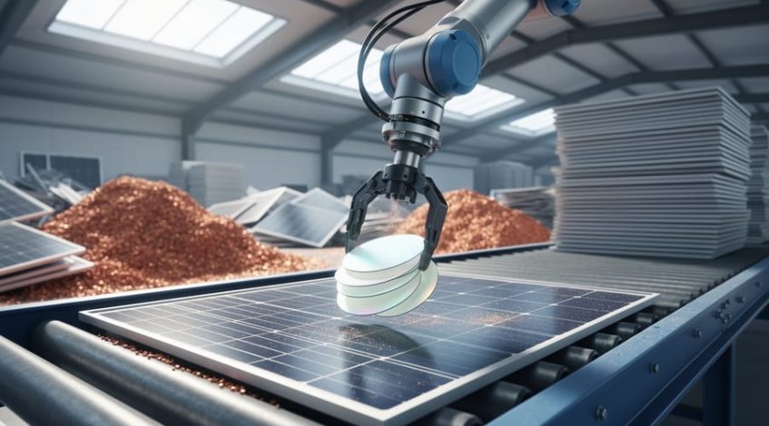 Robotic arm lifting high-purity silicon wafers from a dismantled solar panel on a conveyor in a modern recycling facility, with blurred bins of recovered aluminum frames, copper granules, and stacks of end-of-life panels in the background.