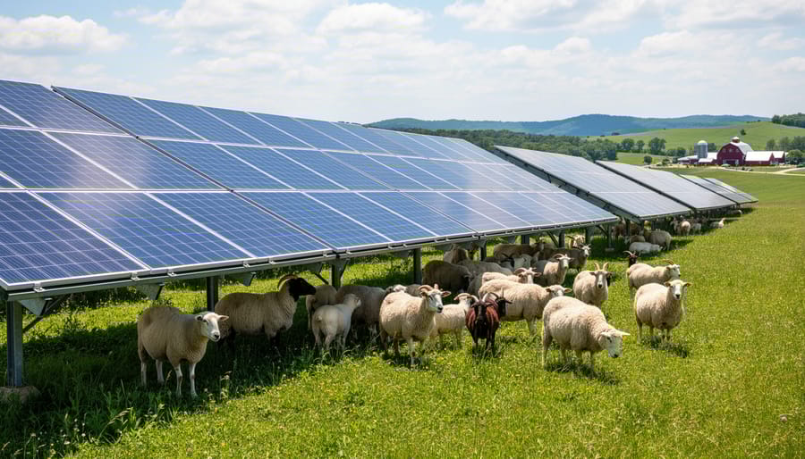 Aerial view of sheep grazing beneath commercial solar panel installation in agrivoltaic system