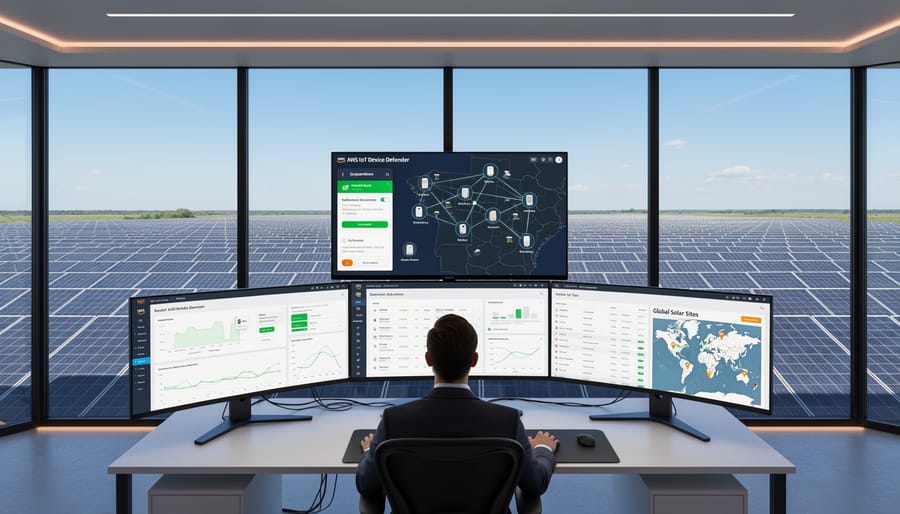 Security professional monitoring AWS IoT security dashboard for solar installations