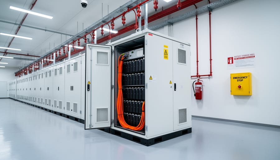 Close-up of industrial lithium-ion battery storage rack with safety monitoring systems