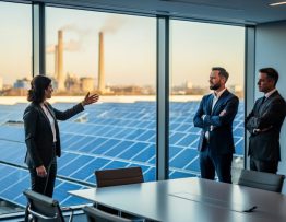 Corporate boardroom scene with a sustainability manager presenting to two executives as rooftop solar panels shine outside under warm sunlight; distant smokestacks and city skyline softly blurred.