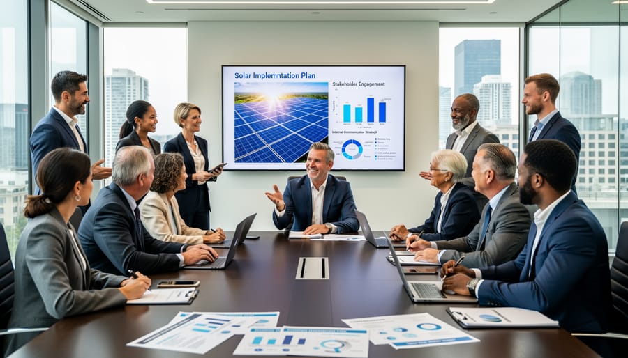 Facility manager presenting solar project information to stakeholder group in industrial facility