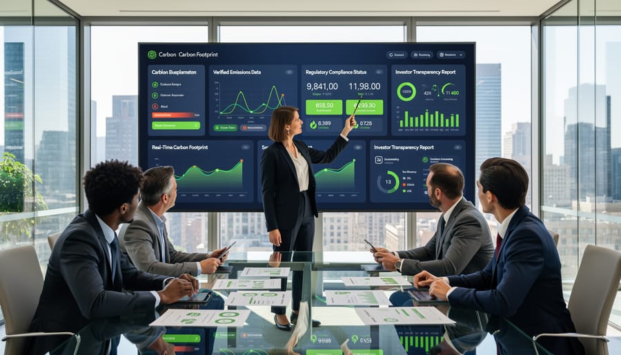 Business professional reviewing carbon monitoring data with solar installation visible in background