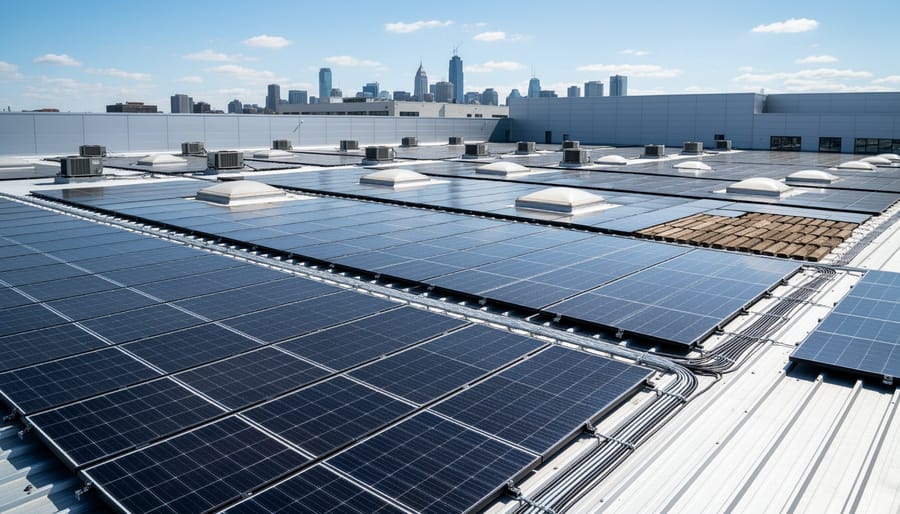 Modern solar panel installation on commercial warehouse rooftop showing efficient space utilization