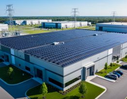 Aerial angled view of a large flat-roof warehouse covered in solar panels, with a utility substation, transmission lines, and an industrial park visible in the background on a clear day.
