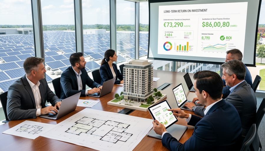 Business professional reviewing solar panel specifications on commercial building rooftop