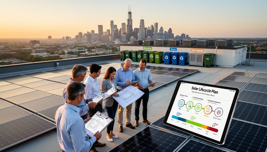 Facility manager reviewing solar installation plans on commercial building rooftop