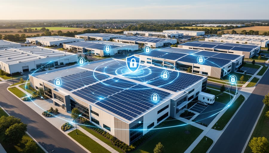 Aerial view of large commercial solar farm installation at sunset