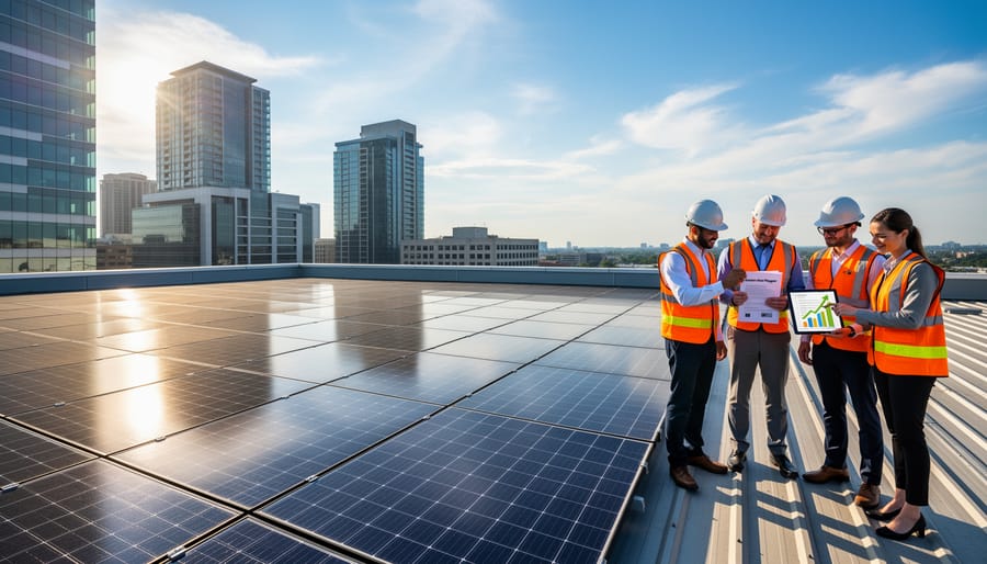 Business executive reviewing solar panel installation on commercial building rooftop