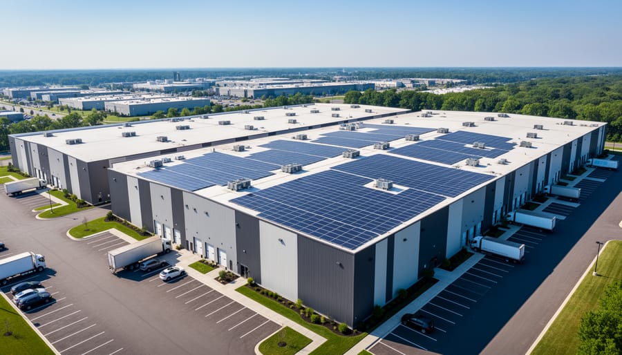 Commercial warehouse building with solar panel array covering the entire roof
