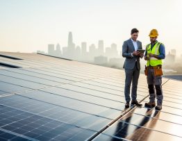 Two professionals—one in a suit and one in a hard hat—inspect rows of solar panels on a commercial rooftop at sunset, with a softly blurred city skyline in the background.