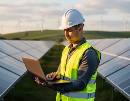 Data scientist in hard hat and high-visibility vest using a laptop among solar panels, with distant wind turbines on rolling hills at golden hour; subject in sharp focus and background softly blurred.