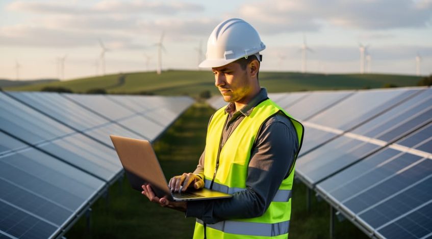 Data scientist in hard hat and high-visibility vest using a laptop among solar panels, with distant wind turbines on rolling hills at golden hour; subject in sharp focus and background softly blurred.