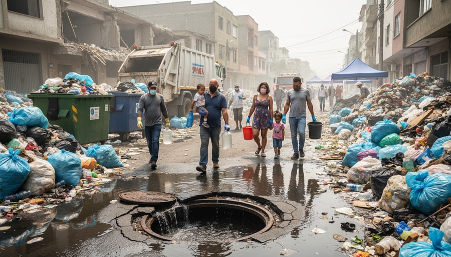 Damaged waste management facility with overflowing containers after natural disaster
