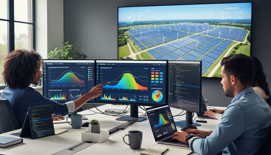 Data scientist analyzing renewable energy performance metrics on computer monitors