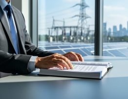 Facility manager at a modern office table examining a stack of journals, with a rooftop covered in solar panels and a distant electrical substation visible through floor-to-ceiling windows in soft natural light.