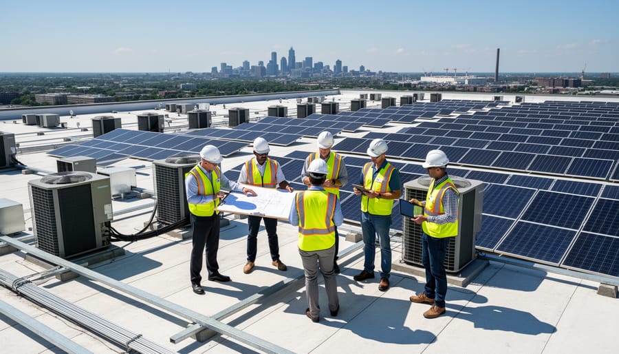 Industrial facility manager inspecting solar panel installation on commercial rooftop