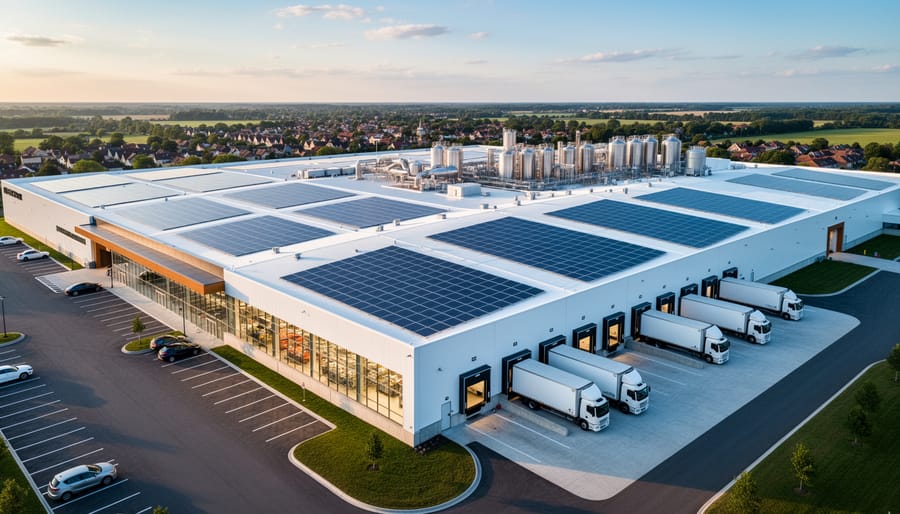Aerial view of food processing facility with comprehensive rooftop solar panel installation