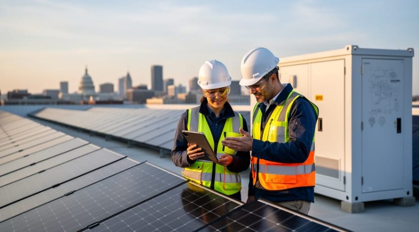 Two engineers in hard hats review a tablet next to commercial solar panels and a modular battery storage container on a rooftop at golden hour, with a blurred city skyline and a subtle capitol dome in the background.