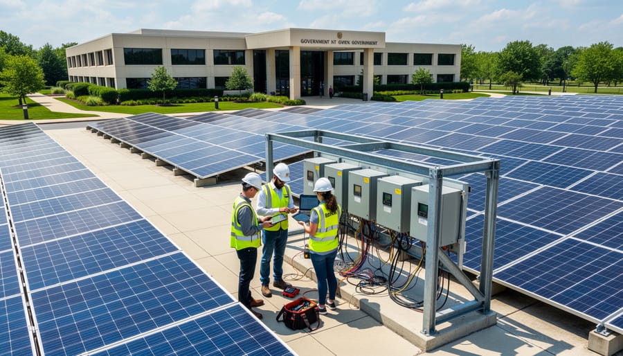 Large-scale commercial solar installation on government building rooftop with maintenance workers