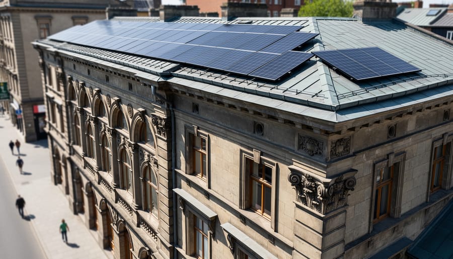 Historic brick building with solar panels integrated on roof while preserving facade