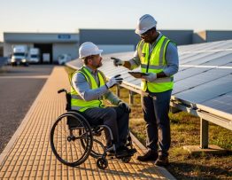 Two technicians in hard hats, one using a wheelchair, working beside ground-mounted solar panels on a ramp-accessible path with tactile paving during golden hour, with an expansive solar array and service vehicles softly blurred in the background.