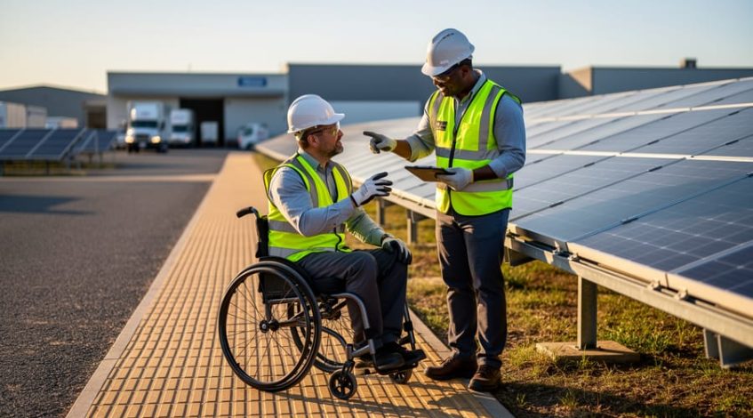 Two technicians in hard hats, one using a wheelchair, working beside ground-mounted solar panels on a ramp-accessible path with tactile paving during golden hour, with an expansive solar array and service vehicles softly blurred in the background.