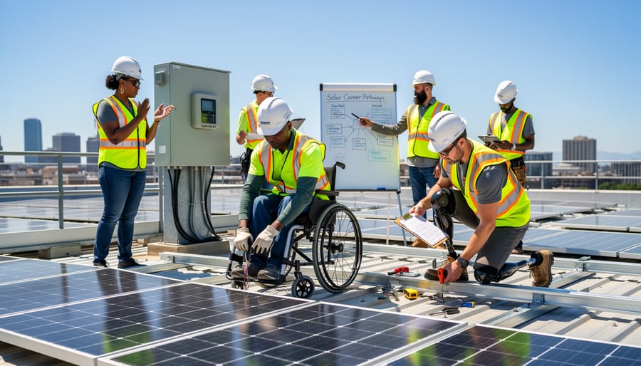 Diverse group of trainees including people with disabilities learning solar panel maintenance in professional training facility
