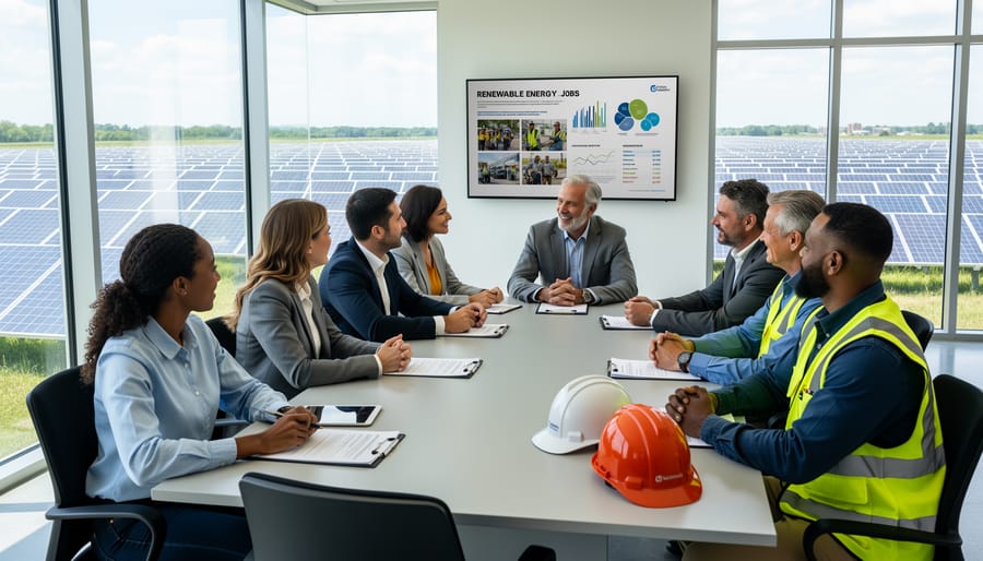 Diverse team including worker with disability installing solar panels on commercial building rooftop