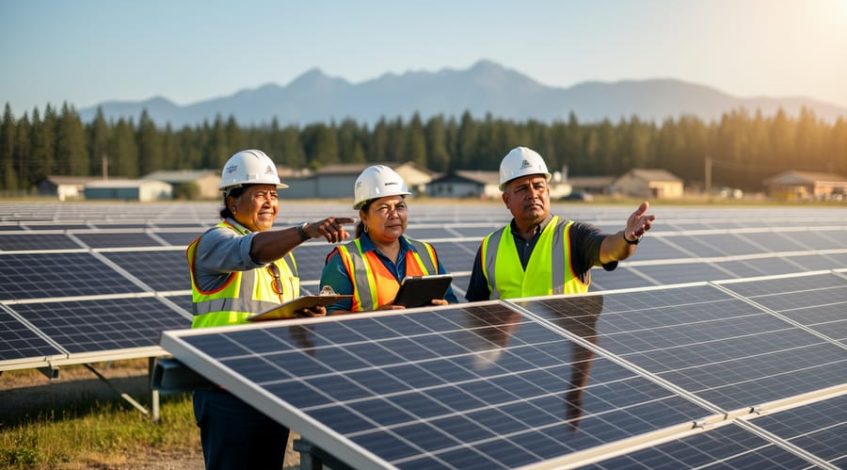Two Indigenous community energy leaders and a technician in safety vests stand beside solar panels at golden hour, with blurred rows of panels, small community buildings, pine forest, and distant mountains in the background, conveying empowerment and collaboration in commercial solar.