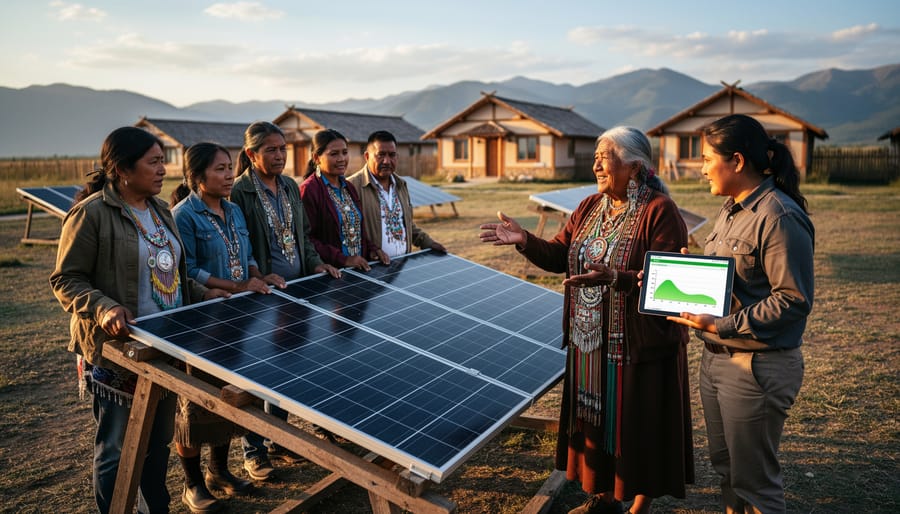 Indigenous elder and engineer collaborating on solar panel installation in community setting