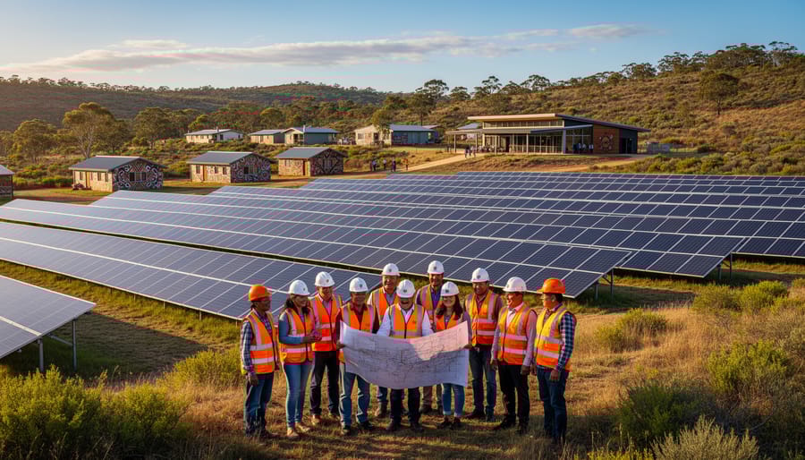 Aerial view of solar panel array on Indigenous community land with natural landscape