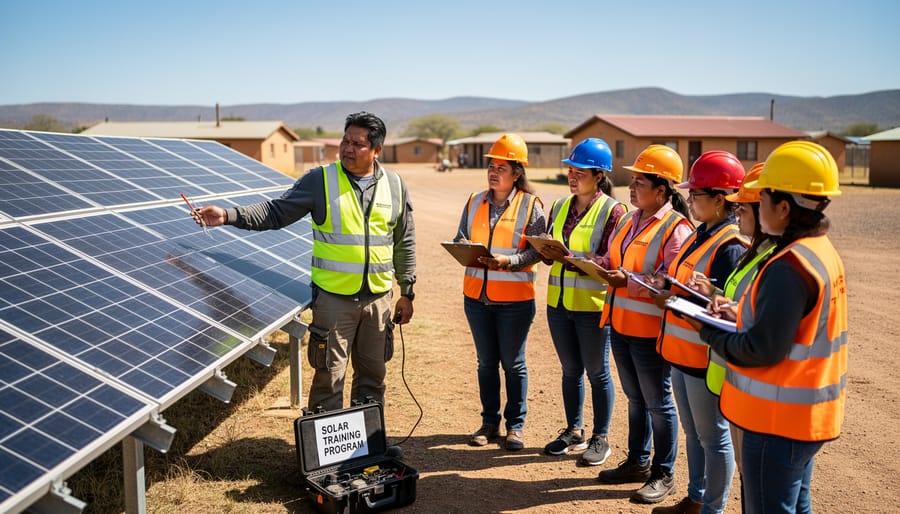 Indigenous workers installing solar panels on community building during training program