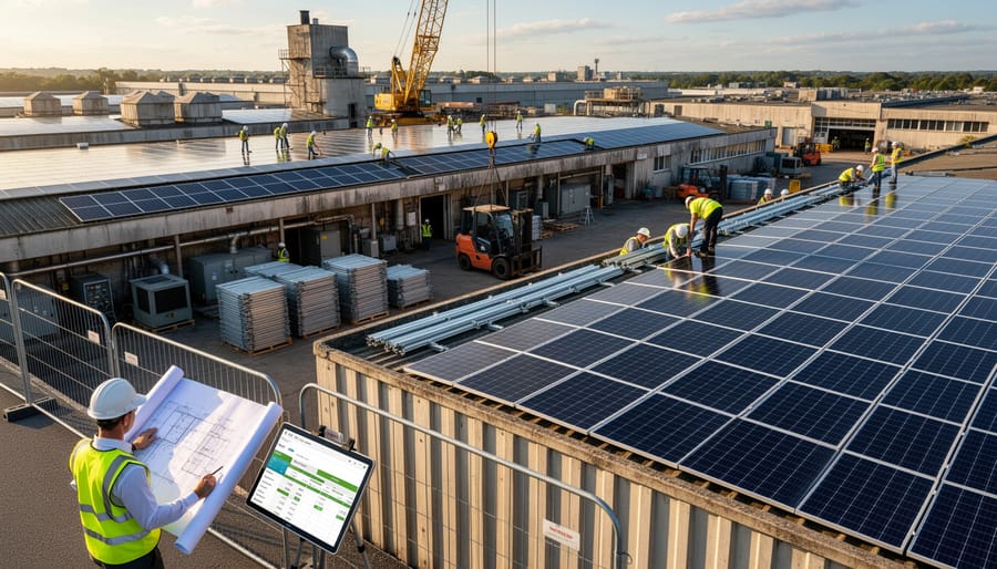 Aerial view of industrial facility during large-scale solar panel retrofit installation