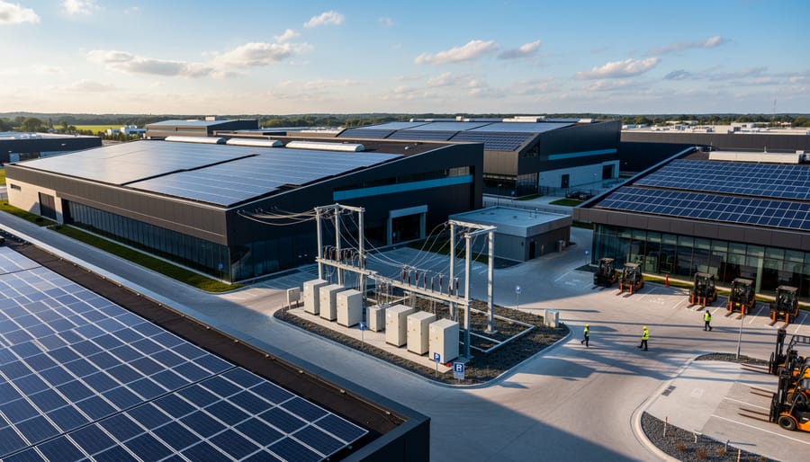 Aerial view of extensive solar panel installation on industrial manufacturing facility rooftop