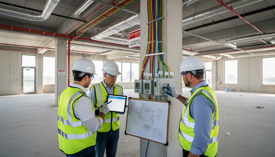Safety technician inspecting solar panel installation with thermal monitoring equipment