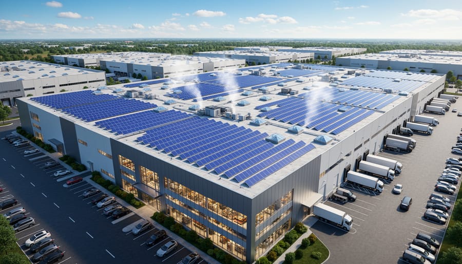 Solar panel installation on industrial manufacturing facility roof with production floor visible below
