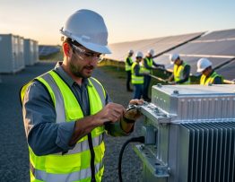 Mechanical engineer wearing a hard hat and high-visibility vest uses a torque wrench to check solar panel mounting brackets and cooling fins at a utility-scale solar farm, with blurred panel rows, battery storage units, and apprentices working behind during golden hour.