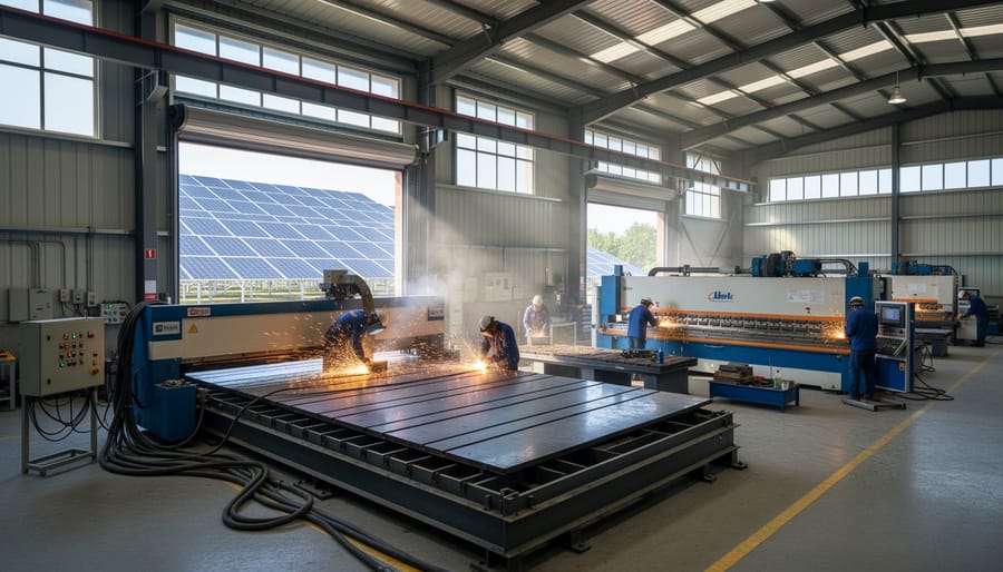 Metal fabrication facility interior showing industrial equipment and solar-powered natural lighting